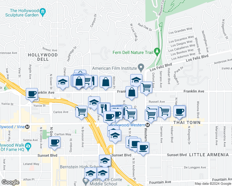 map of restaurants, bars, coffee shops, grocery stores, and more near 1864 North Wilton Place in Los Angeles