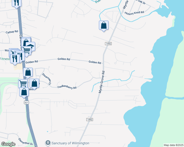map of restaurants, bars, coffee shops, grocery stores, and more near 6905 Cedar Bluff Road in Wilmington