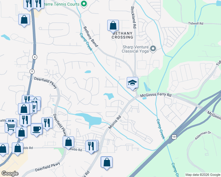 map of restaurants, bars, coffee shops, grocery stores, and more near 3522 Peacock Road in Alpharetta
