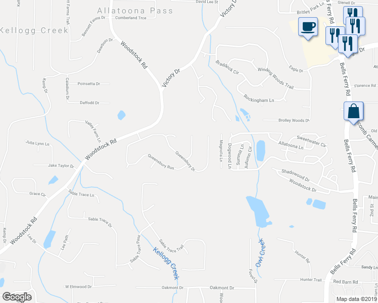 map of restaurants, bars, coffee shops, grocery stores, and more near 503 Queensbury Way in Acworth