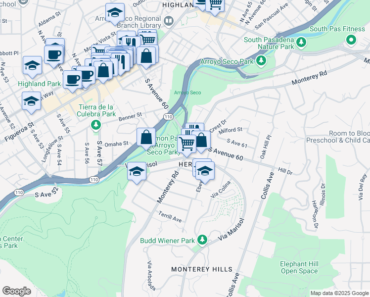 map of restaurants, bars, coffee shops, grocery stores, and more near 5923 Monterey Road in Los Angeles