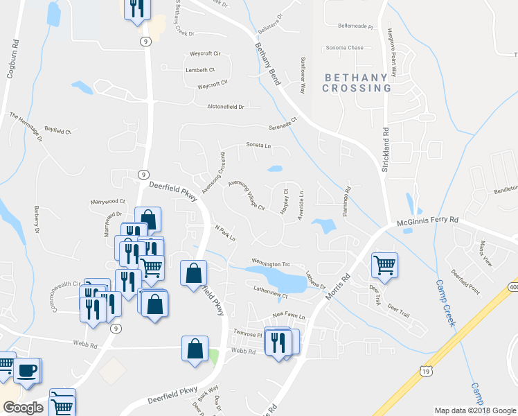 map of restaurants, bars, coffee shops, grocery stores, and more near 3341 Avensong Village Circle in Alpharetta