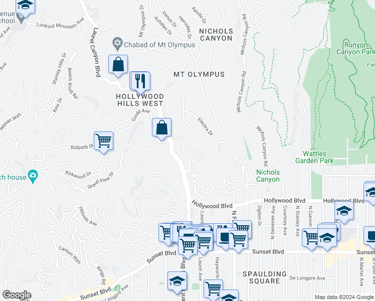 map of restaurants, bars, coffee shops, grocery stores, and more near 8040 Highland Trail in Los Angeles