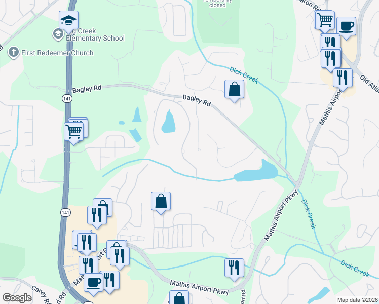 map of restaurants, bars, coffee shops, grocery stores, and more near 2320 Manor Creek Ct in Cumming