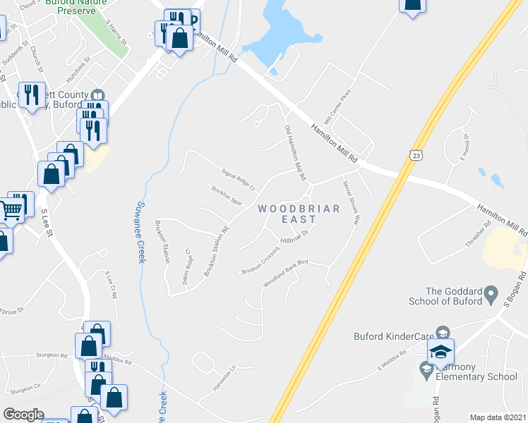 map of restaurants, bars, coffee shops, grocery stores, and more near 2232 Woodbriar Drive in Buford