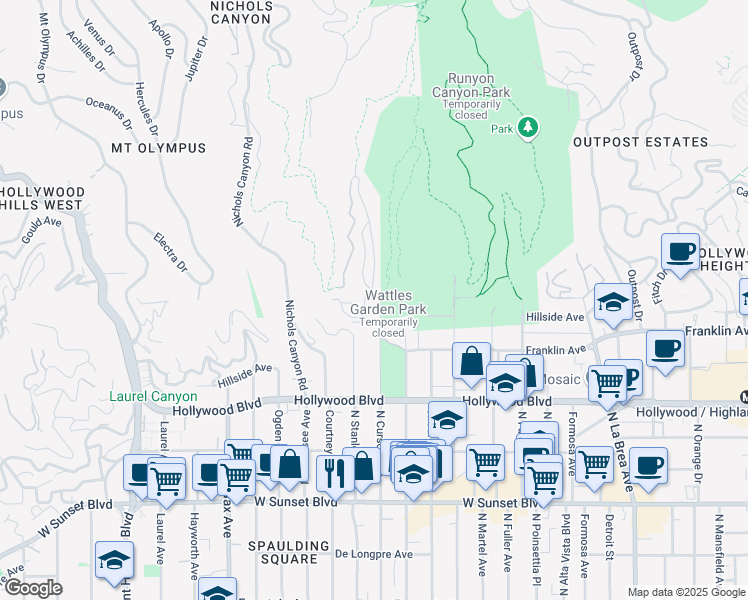 map of restaurants, bars, coffee shops, grocery stores, and more near 1859 North Curson Avenue in Los Angeles