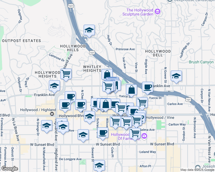 map of restaurants, bars, coffee shops, grocery stores, and more near Franklin Ave & Wilcox Ave in Los Angeles