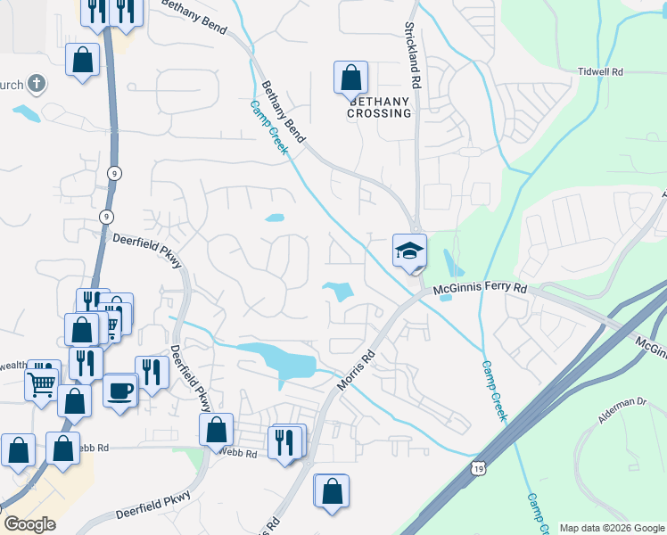 map of restaurants, bars, coffee shops, grocery stores, and more near 3522 Peacock Road in Alpharetta