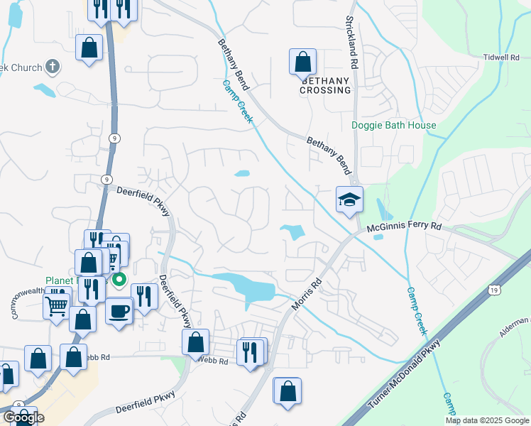 map of restaurants, bars, coffee shops, grocery stores, and more near 13546 Aventide Lane in Alpharetta