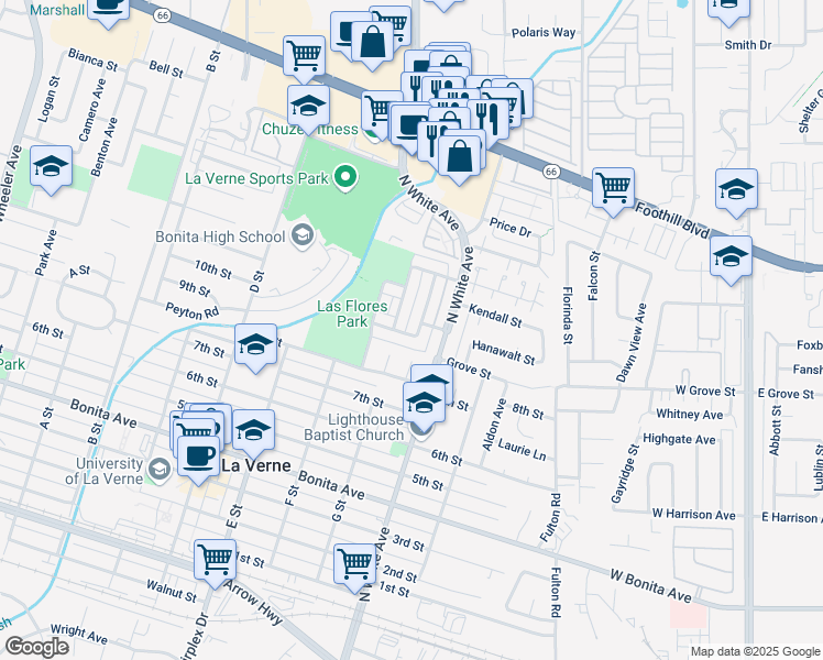 map of restaurants, bars, coffee shops, grocery stores, and more near 2945 Knollwood Avenue in La Verne