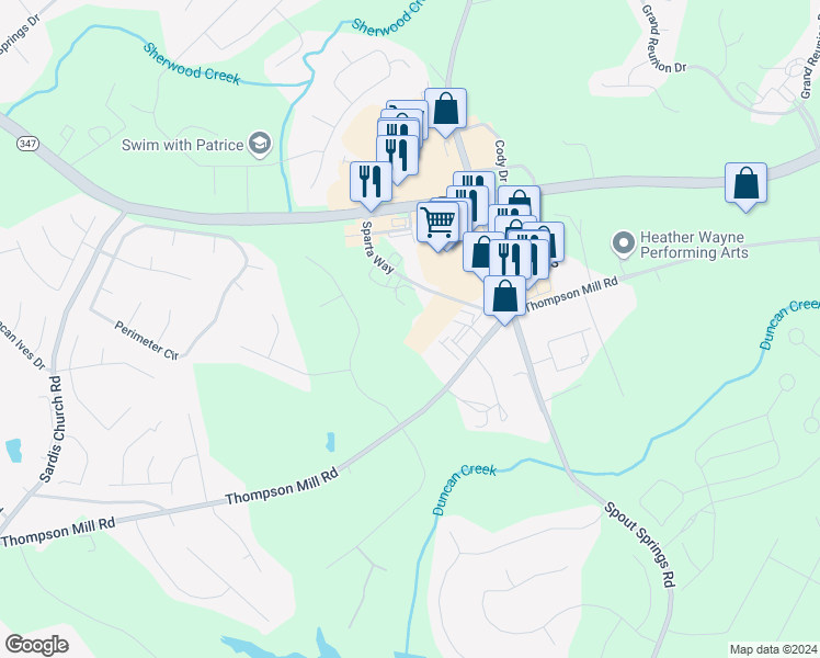 map of restaurants, bars, coffee shops, grocery stores, and more near 2300 Friendship Road in Buford