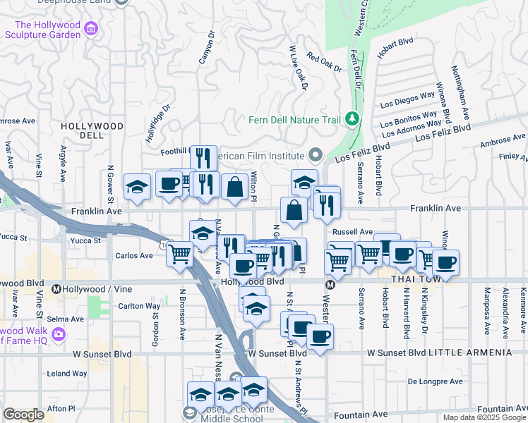 map of restaurants, bars, coffee shops, grocery stores, and more near 5672 Franklin Avenue in Los Angeles