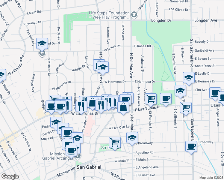 map of restaurants, bars, coffee shops, grocery stores, and more near 228 Daroca Avenue in San Gabriel