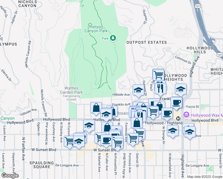 map of restaurants, bars, coffee shops, grocery stores, and more near 1998 North Fuller Avenue in Los Angeles
