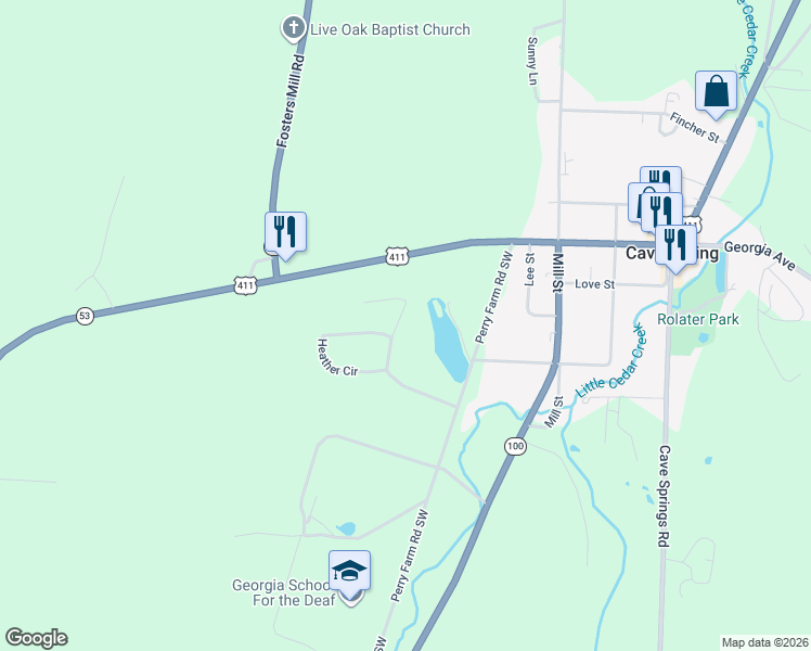 map of restaurants, bars, coffee shops, grocery stores, and more near 10 David Drive in Cave Spring