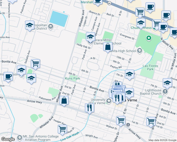 map of restaurants, bars, coffee shops, grocery stores, and more near 2635 A Street in La Verne