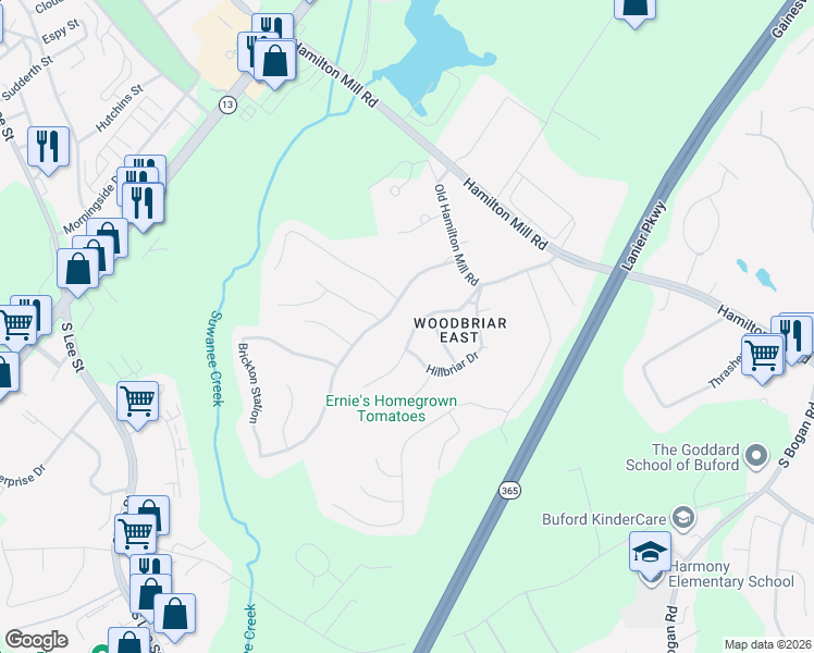 map of restaurants, bars, coffee shops, grocery stores, and more near 2238 Woodbriar Drive in Buford