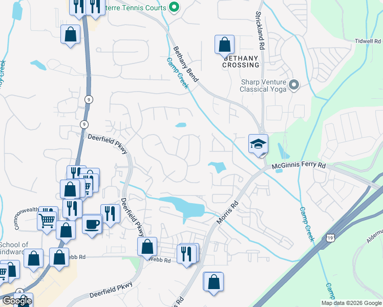 map of restaurants, bars, coffee shops, grocery stores, and more near 13342 Harpley Court in Alpharetta