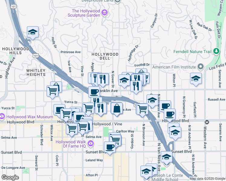 map of restaurants, bars, coffee shops, grocery stores, and more near Franklin Ave & N Gower St in Los Angeles