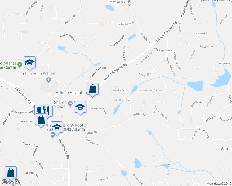 map of restaurants, bars, coffee shops, grocery stores, and more near 1590 Keylake Drive in Suwanee