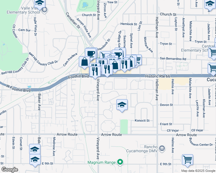 map of restaurants, bars, coffee shops, grocery stores, and more near 8167 Vineyard Avenue in Rancho Cucamonga