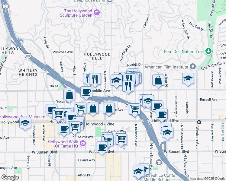 map of restaurants, bars, coffee shops, grocery stores, and more near Franklin Ave & N Beachwood Dr in Los Angeles