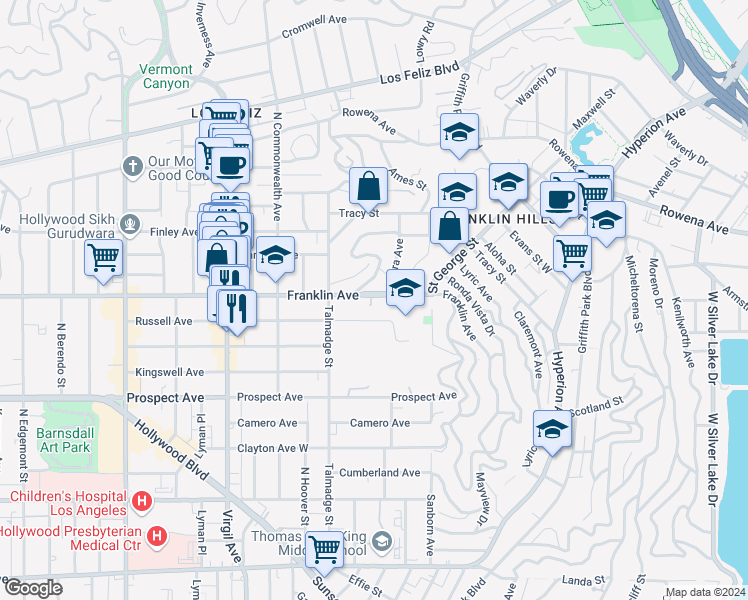 map of restaurants, bars, coffee shops, grocery stores, and more near 4206 Franklin Avenue in Los Angeles