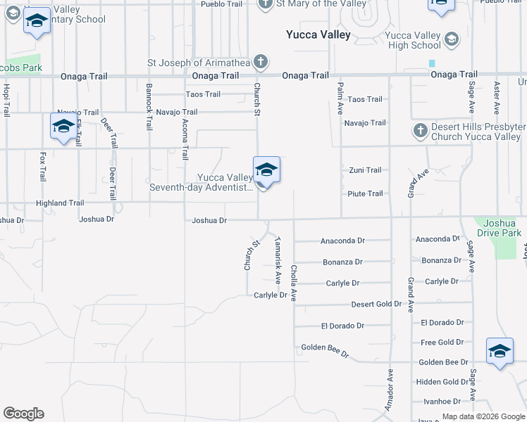 map of restaurants, bars, coffee shops, grocery stores, and more near 8066 Church Street in Yucca Valley