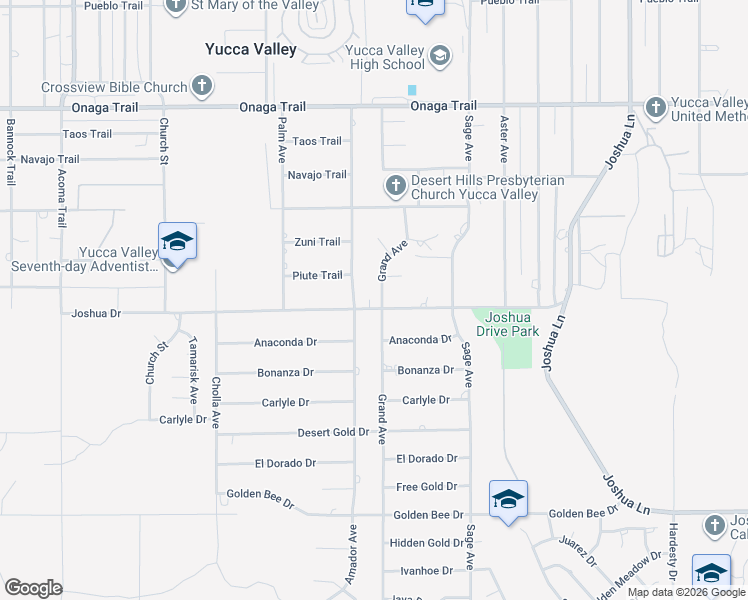 map of restaurants, bars, coffee shops, grocery stores, and more near 8082 Grand Avenue in Yucca Valley