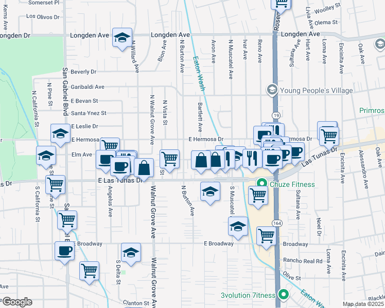 map of restaurants, bars, coffee shops, grocery stores, and more near in San Gabriel