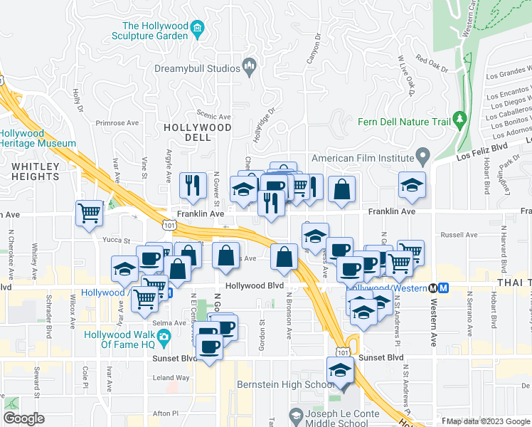 map of restaurants, bars, coffee shops, grocery stores, and more near Franklin Ave & Tamarind Ave in Los Angeles