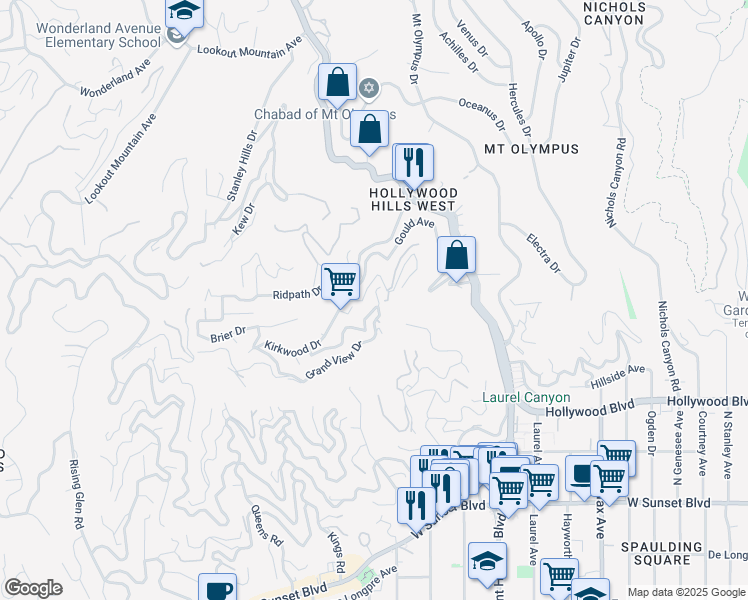 map of restaurants, bars, coffee shops, grocery stores, and more near 8223 Yucca Trail in West Hollywood