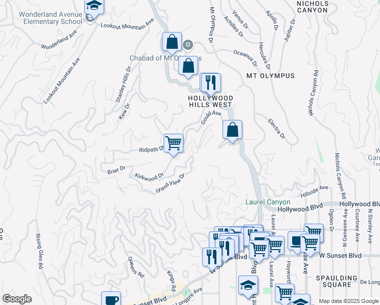 map of restaurants, bars, coffee shops, grocery stores, and more near 8223 Yucca Trail in West Hollywood