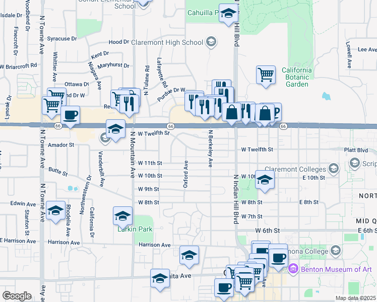 map of restaurants, bars, coffee shops, grocery stores, and more near 580 West 12th Street in Claremont