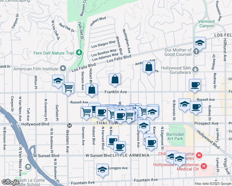 map of restaurants, bars, coffee shops, grocery stores, and more near 5158 Franklin Avenue in Los Angeles