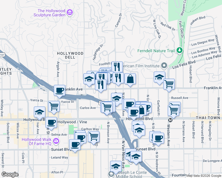 map of restaurants, bars, coffee shops, grocery stores, and more near 5833 Franklin Avenue in Los Angeles