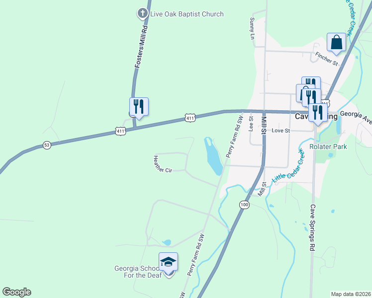 map of restaurants, bars, coffee shops, grocery stores, and more near 10 David Drive in Cave Spring