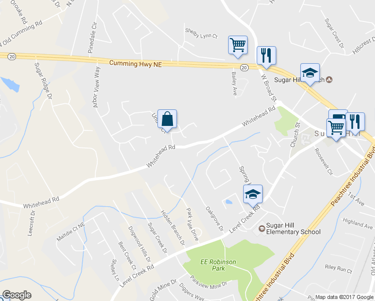 map of restaurants, bars, coffee shops, grocery stores, and more near 935 Whitehead Road in Sugar Hill
