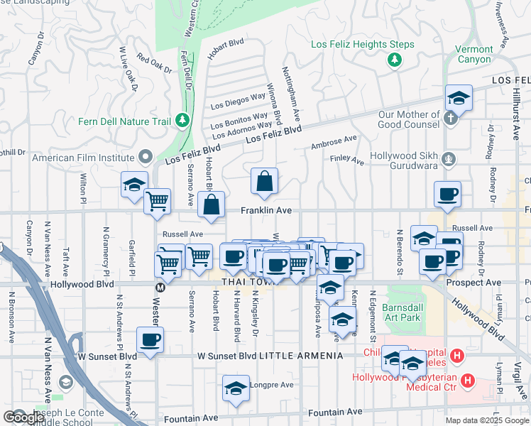 map of restaurants, bars, coffee shops, grocery stores, and more near 5158 Franklin Avenue in Los Angeles