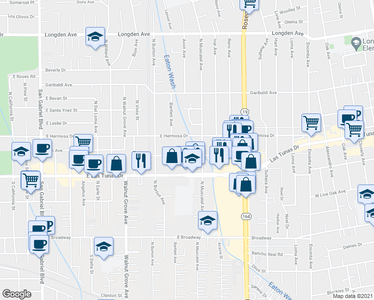 map of restaurants, bars, coffee shops, grocery stores, and more near 1349 Elm Avenue in San Gabriel