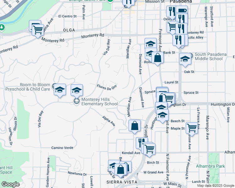 map of restaurants, bars, coffee shops, grocery stores, and more near 863 Flores De Oro in South Pasadena
