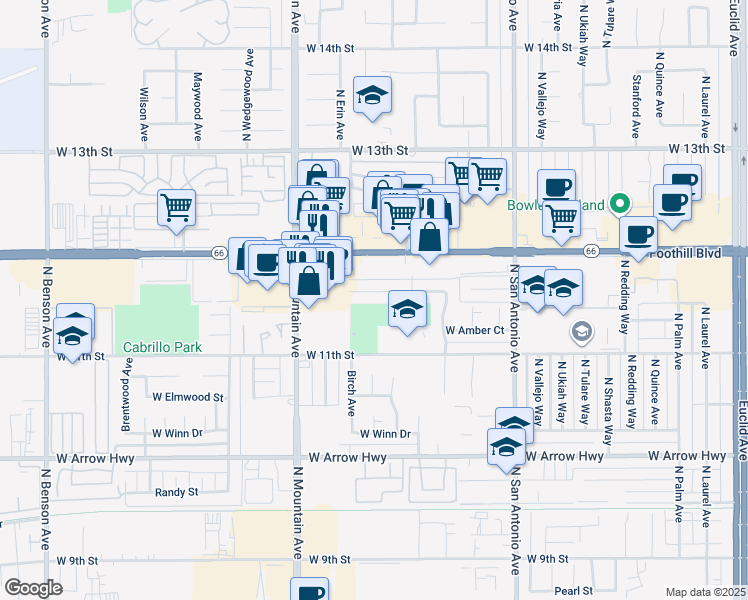 map of restaurants, bars, coffee shops, grocery stores, and more near 1062 Golden Rain Street in Upland