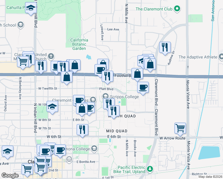 map of restaurants, bars, coffee shops, grocery stores, and more near 400 Platt Boulevard in Claremont