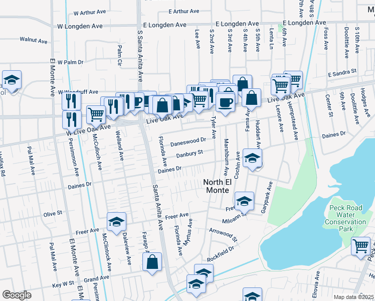 map of restaurants, bars, coffee shops, grocery stores, and more near 11140 Daneswood Drive in Arcadia