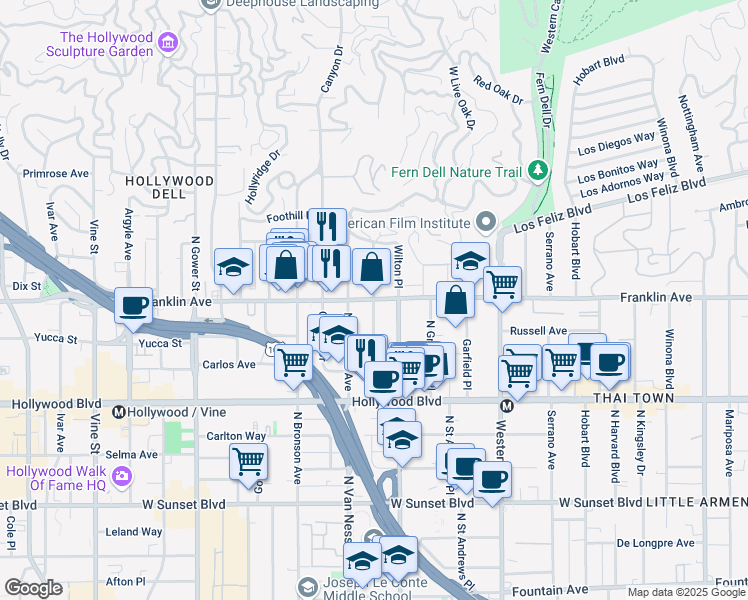 map of restaurants, bars, coffee shops, grocery stores, and more near Franklin Ave & Taft Ave in Los Angeles