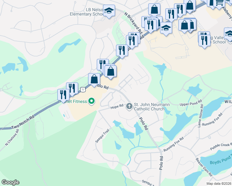 map of restaurants, bars, coffee shops, grocery stores, and more near 12 Polo Ridge Circle in Columbia