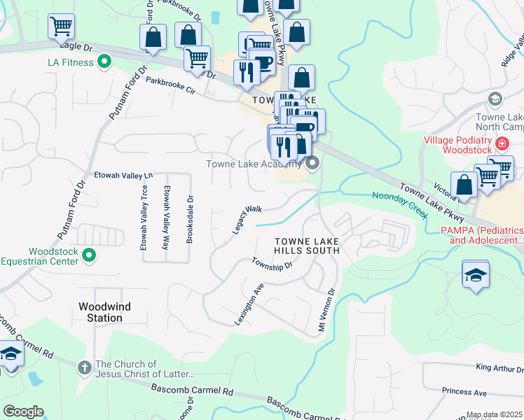 map of restaurants, bars, coffee shops, grocery stores, and more near 1022 Legacy Walk in Woodstock