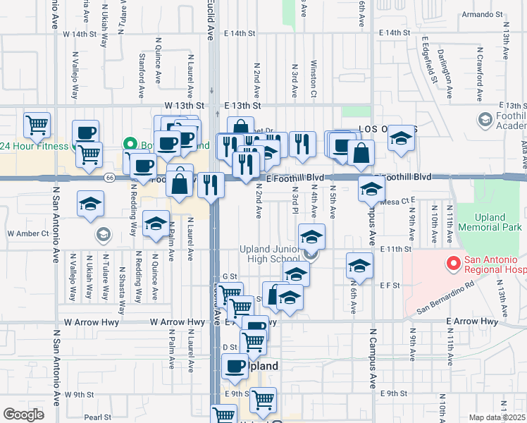 map of restaurants, bars, coffee shops, grocery stores, and more near 904 North 2nd Avenue in Upland