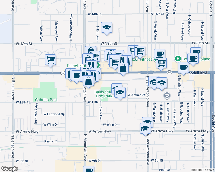 map of restaurants, bars, coffee shops, grocery stores, and more near 1062 Golden Rain Street in Upland