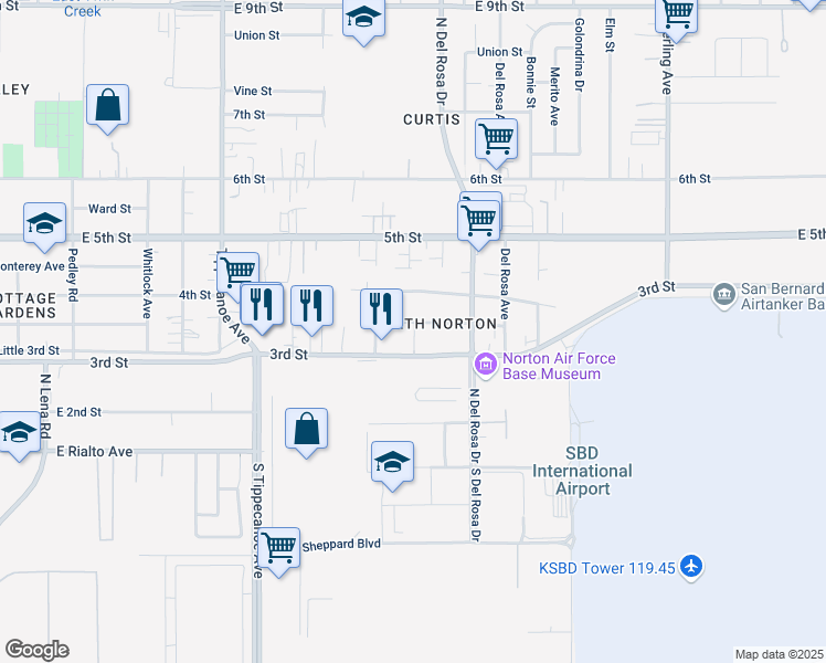 map of restaurants, bars, coffee shops, grocery stores, and more near 25267 Court Street in San Bernardino